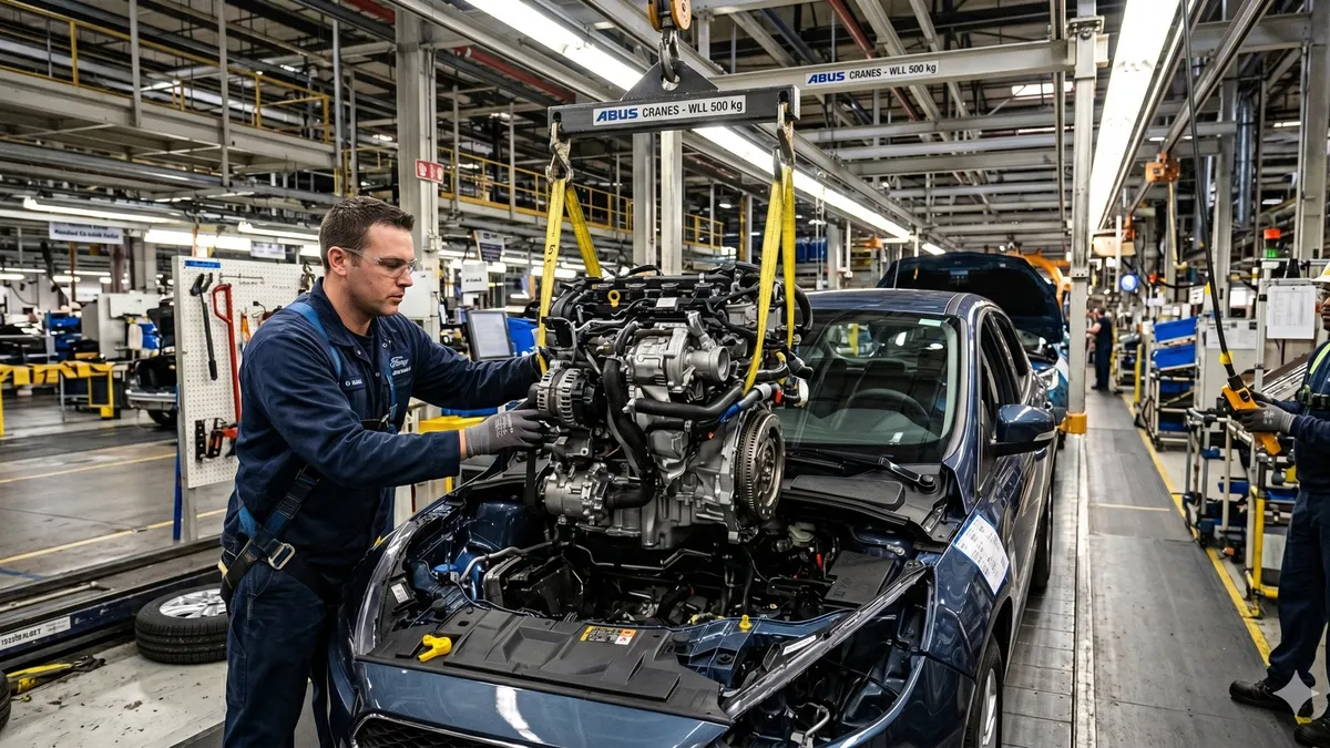 An engine being lowered into a chassis — the model drops into a stack you already own